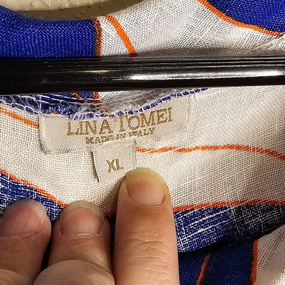 Lina Tomei Sleeveless linen sheath dress tropical blue and orange XL - Picture 2 of 2